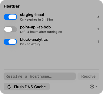 The HostBar popover: three profiles — staging-local and block-analytics on with time remaining, point-api-at-bob off — a hostname field, and a Flush DNS Cache button.