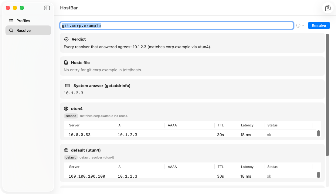 The Resolve tab for git.corp.example: the verdict, the hosts file and system answer cards, and resolver cards for the VPN's utun4 scope and the default resolver, each with a table of servers and answers.